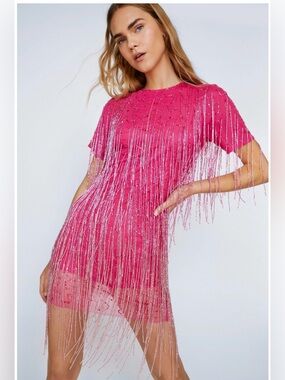Nasty Gal Tassel Beaded Mini Shift Pink Dress 12